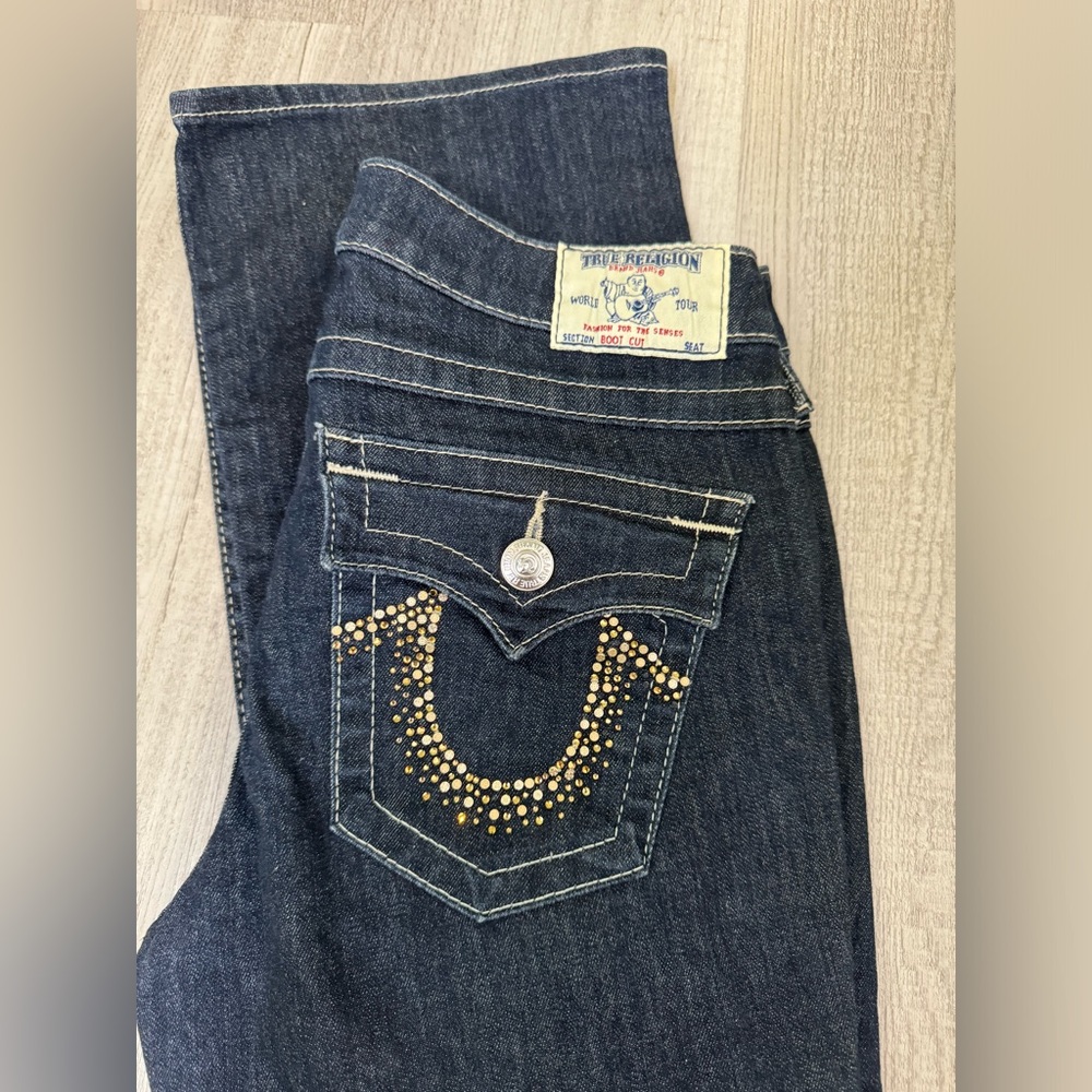 EUC True Religion Gold Rhinestone Dark Wash Indigo Bling Bootcut Jean Size 29x34